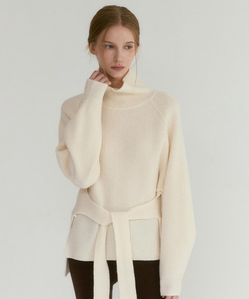 LEI AVERY Merino Wool Belted High-Neck Rib Knit (Ivory)