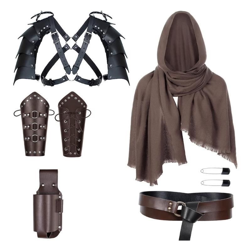 Комплект средневекового рыцарского костюма включает наплечники из искусственной кожи, наручи и аксессуары для исторических реконструкций