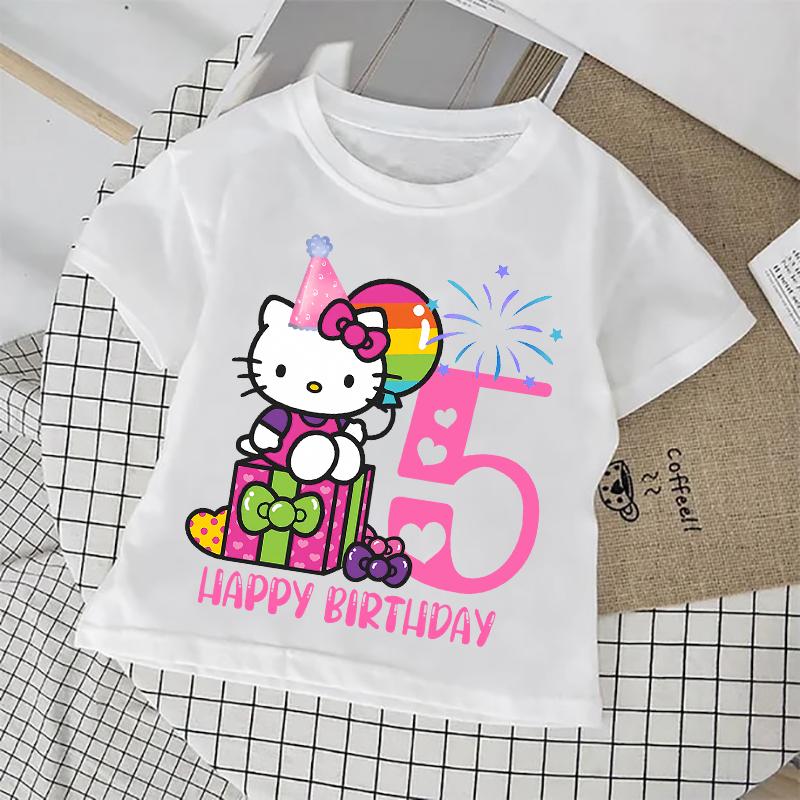 Hello Kitty Birthday Number Tshirt Short Sleeve Tee Summer Kids White Top Clothes Girls TShirts Children Cotton Cute T Shirt