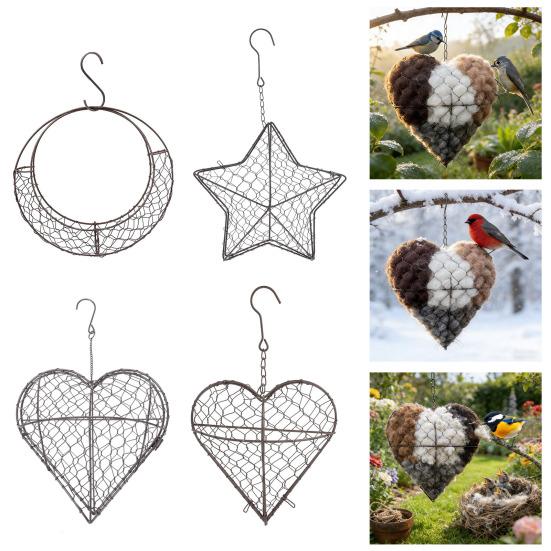 Домик для гнездования птиц Держатель материала для птичьих гнезд Звезда Колибри Гнездовье Металлическое гнездо в форме сердца с крючком для диких птиц Двор Снаружи