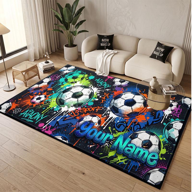 Soccer Theme Soft Crystal Velvet Rug Custom Name & Text Print Non Slip Floor Rug for Bedroom Living Room