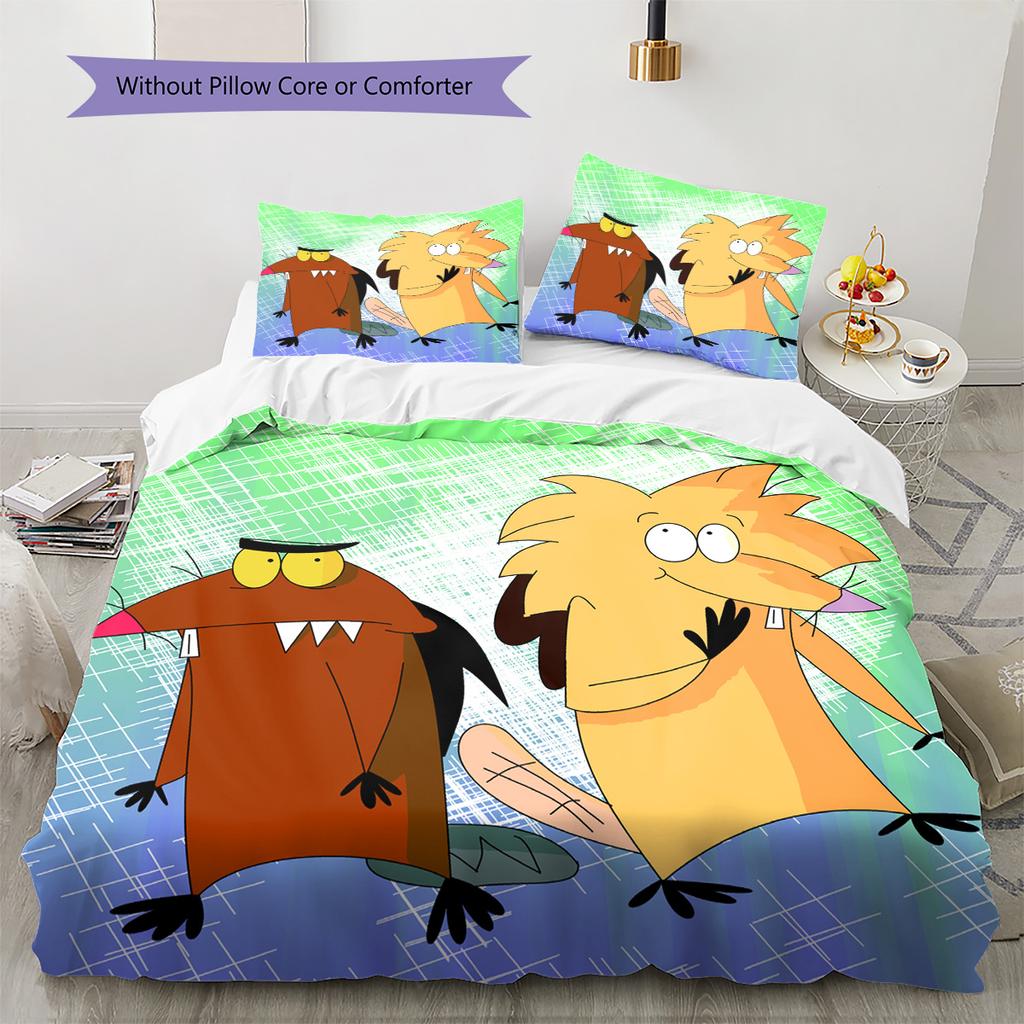 Angry Beavers Pattern Bedding Quilt Set Home Decoration Gift (1 * duvet cover + 2 * pillowcase without core)