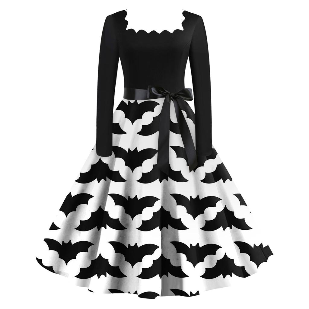 Женское повседневное модное винтажное платье с длинным рукавом и принтом на Хэллоуин