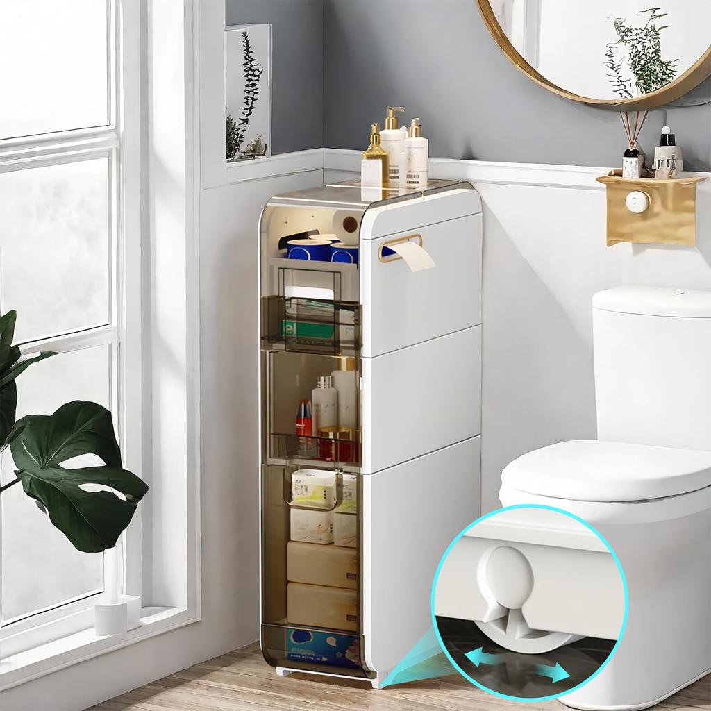 Шкаф для хранения туалетных принадлежностей, пластиковый узкий шкаф для ванной комнаты с ящиками и держателем туалетной бумаги, водонепроницаемый передвижной органайзер для хранения вещей для небольшого пространства