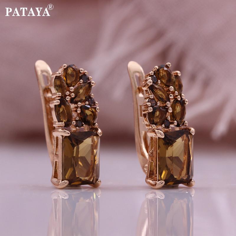 PATAYA Rose Gold Color Inlaid Camel-hued Color Artificial Zircon Earring Ring Combo Set