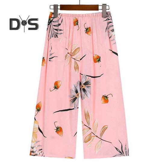 2 Pcs/Set Women Vest Pants Set Flower Print Round Neck Sleeveless Loose Pleated Elastic Waist Wide Leg Casual Homewear Mid Aged Mother Pajamas Set