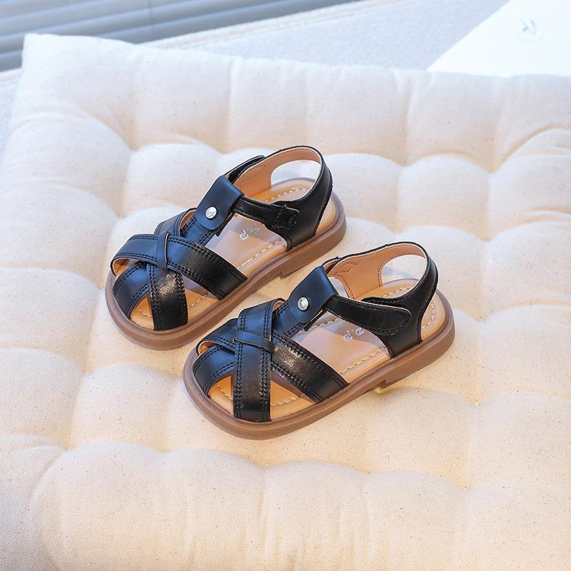 New summer Korean style kids hook-and-loop sandals, closed-toe woven soft sole beach shoes for baby girls