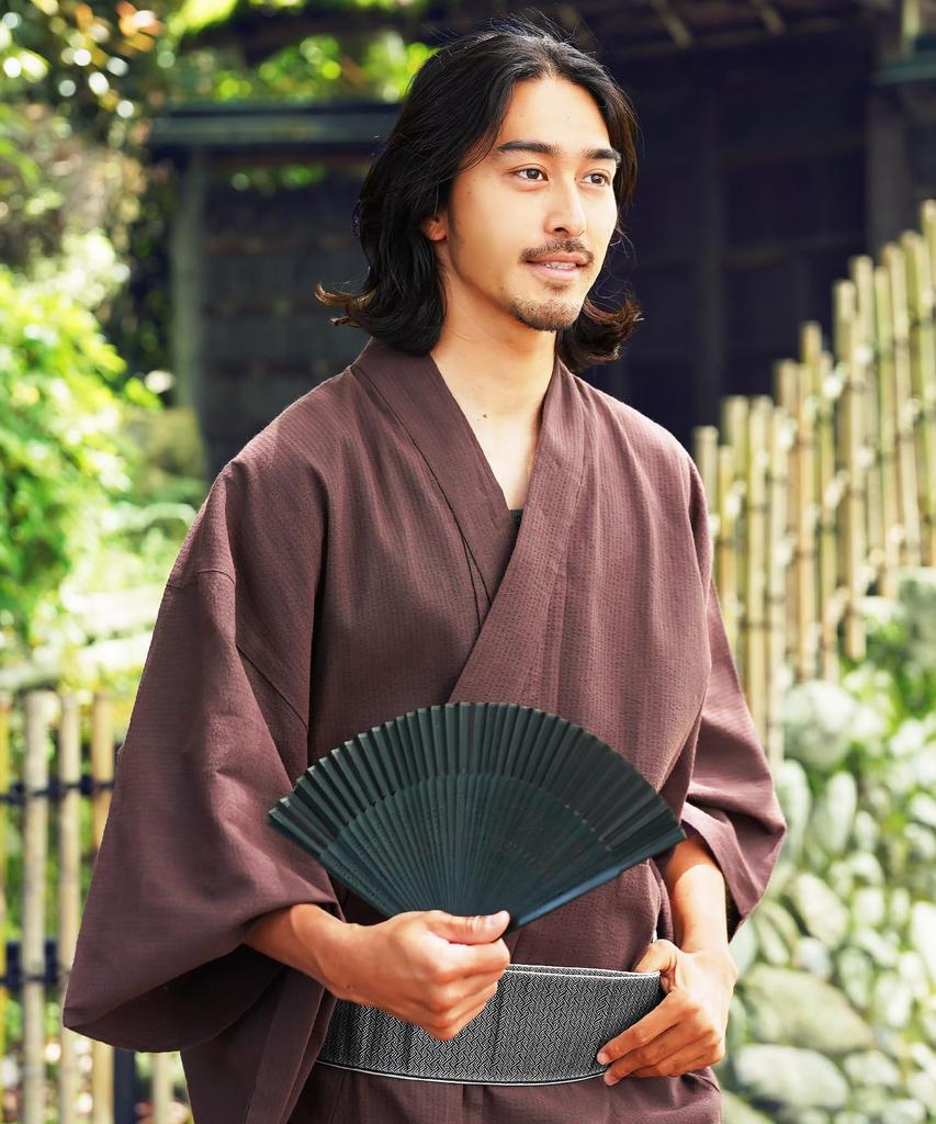 Yukata 6 Piece Set Shingen Waist XL I Red Brown Shijira Easy To Yukata Summer Japanese Japanese [Rochelle] Men's (Yukata, Obi, Geta, Bag, Fan, Belt)