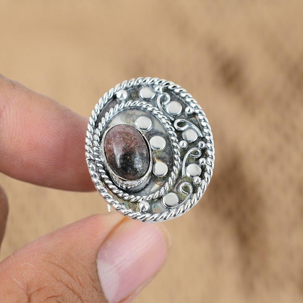 Natural Rhodonite Gemstone 925 Sterling Silver Promise Adjustable Ring For Women