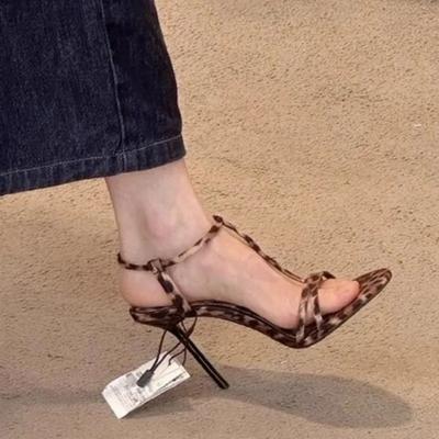 Женские туфли на высоком каблуке с пряжкой-иглой и леопардовым узором, сексуальные босоножки с открытым носком, летние женские босоножки на высоком каблуке для вечеринок на открытом воздухе 2024 года