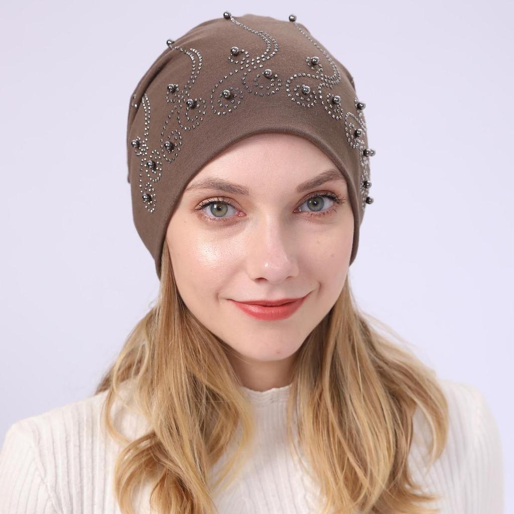 Женский весенне-осенний двухслойный хлопковый пуловер с жемчугом, теплый пуловер с тонким ворсом, теплая лунная шапка