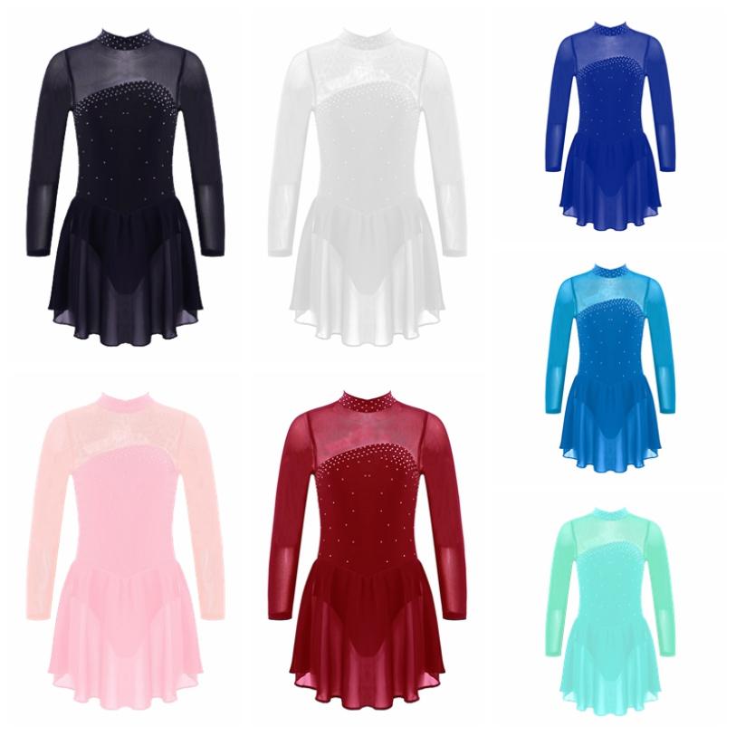 Children Girls Shiny Rhinestones Mesh Keyhole Back Figure Ice Skating Dress Long Sleeves Roller Skating Ballet Dance Leotard Dress