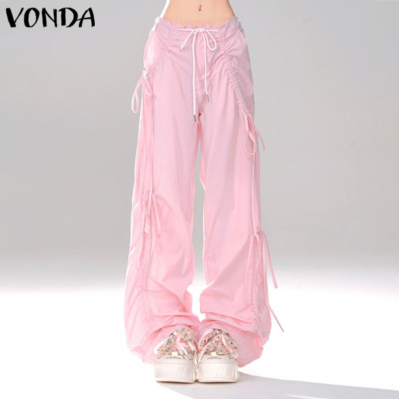 VONDA Women Summer Elastic Waist Drawstring Tie Solid Color Pants