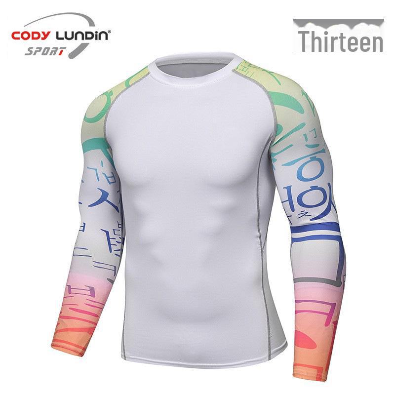 Мужская компрессионная футболка для бега с длинным рукавом и принтом, влагоотводящая, A038