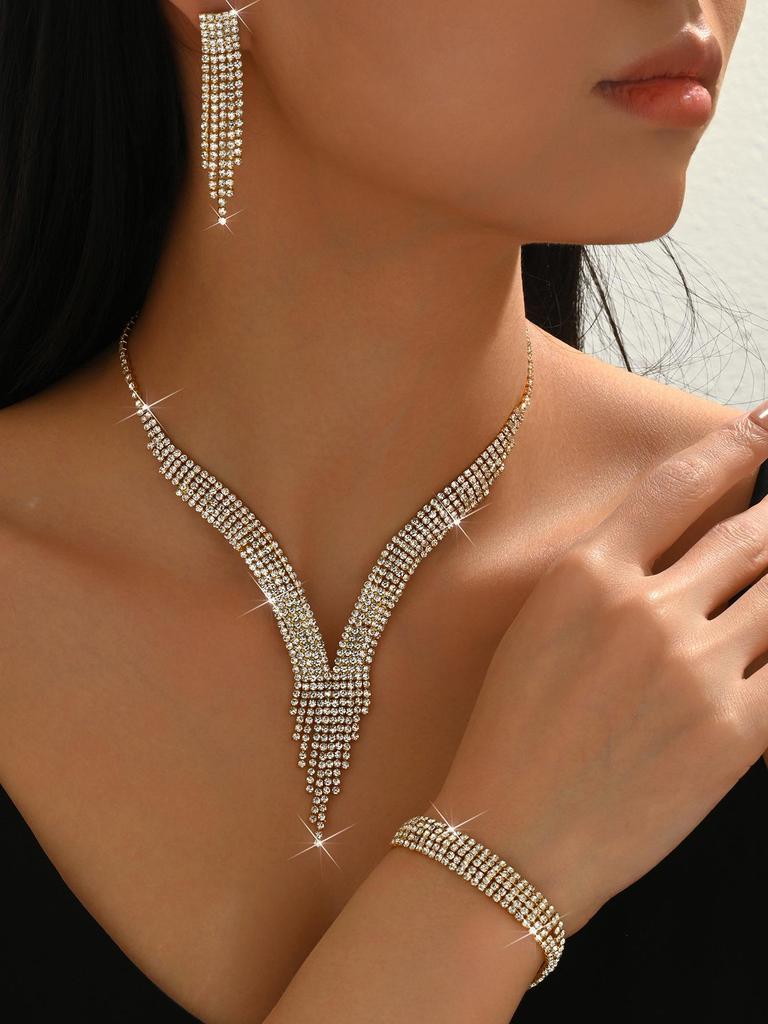 Набор украшений с кисточками-капельками Pinduoduo: Ожерелье, Серьги, Браслет - Элегантная Легкая Роскошь для Женщин