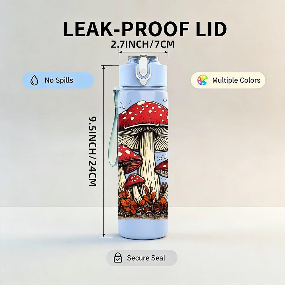 1PC Forest Red Mushroom Plant Art Print 750ml Color Plastic Sports Water Bottle Leakproof Flip Straw Lid Suitable for Sports Office Home Use