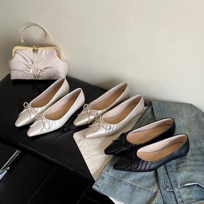 Европейский и американский стиль повседневные туфли Мэри Джейн с бантом 2025 лето новые остроносые на высоком каблуке с мелким вырезом одинарные туфли с закрытым носком одинарные туфли