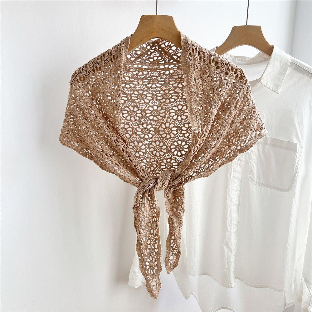 White Knitted Triangle Scarf Ethnic Style Crochet Flower Scarves Hollow Out Lace Shawl Summer