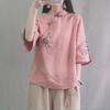 Chinese-Style Retro Cotton-Linen Mid-Sleeve Shirt with Stand-Up Collar and Embroidered Tea Service Design for Women.
