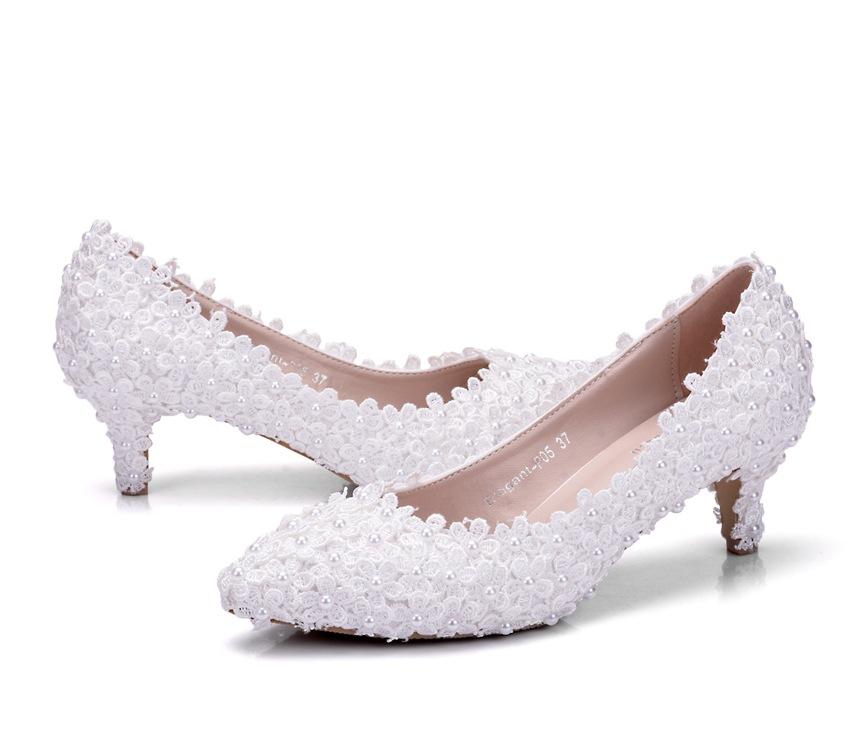 Fashion Wedding Pumps Flower Pearl Pointed Toe Shallow PU 5CM Thin High Heels Princess Pointed Toe Platform Heels Women Shoe