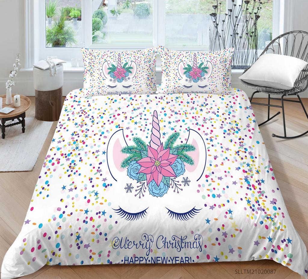 Unicorn Bedding Single Double Bed Full-size Cartoon Unicorn Printed Pillowcase and Quilt Cover 2 or 3 Home Decoration for Girls and Children's Room