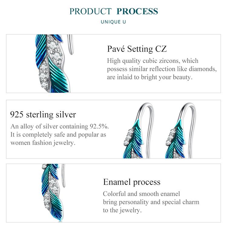 Серьги BAMOER из стерлингового серебра 925 пробы с синими перьями, серьги с фианитом для женщин, подарок на день рождения, шикарные ослепительные изящные ювелирные изделия
