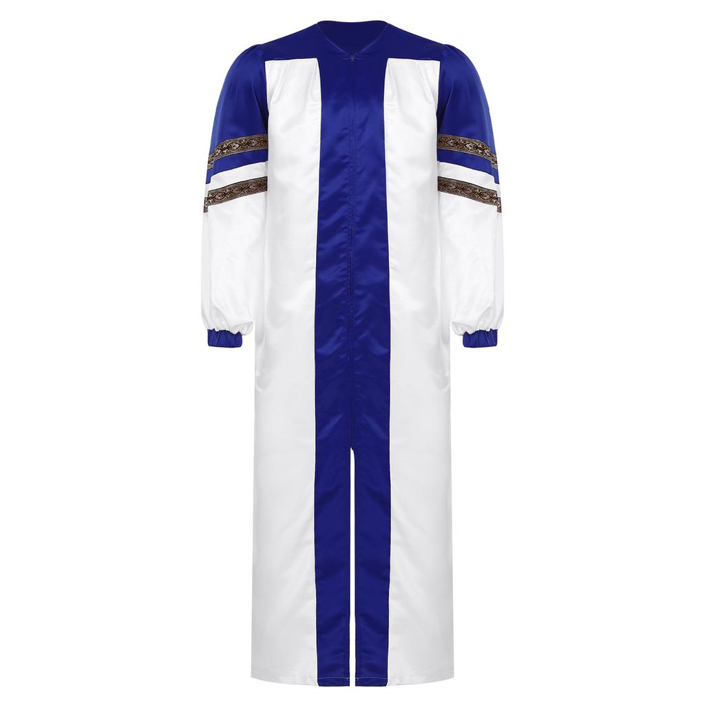 Mens Choir Robe Halloween Cosplay Theme Party Costume V Neck Embroidered Stripes Long Sleeve Clergy Gown