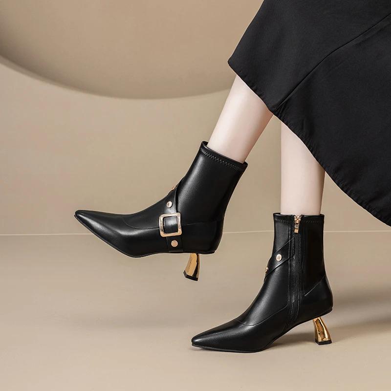 Европейские и американские модные женские сапоги на высоком каблуке короткие сапоги с острым носком на молнии сбоку с пряжкой на ремне и заклепками женские одинарные сапоги