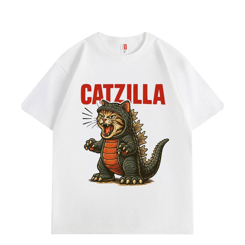 Catzilla Забавные Кошачьи Мемы Графические Футболки Харадзюку Японский Стиль Футболки с Коротким Рукавом Модные Мультяшные Оверсайз Футболки