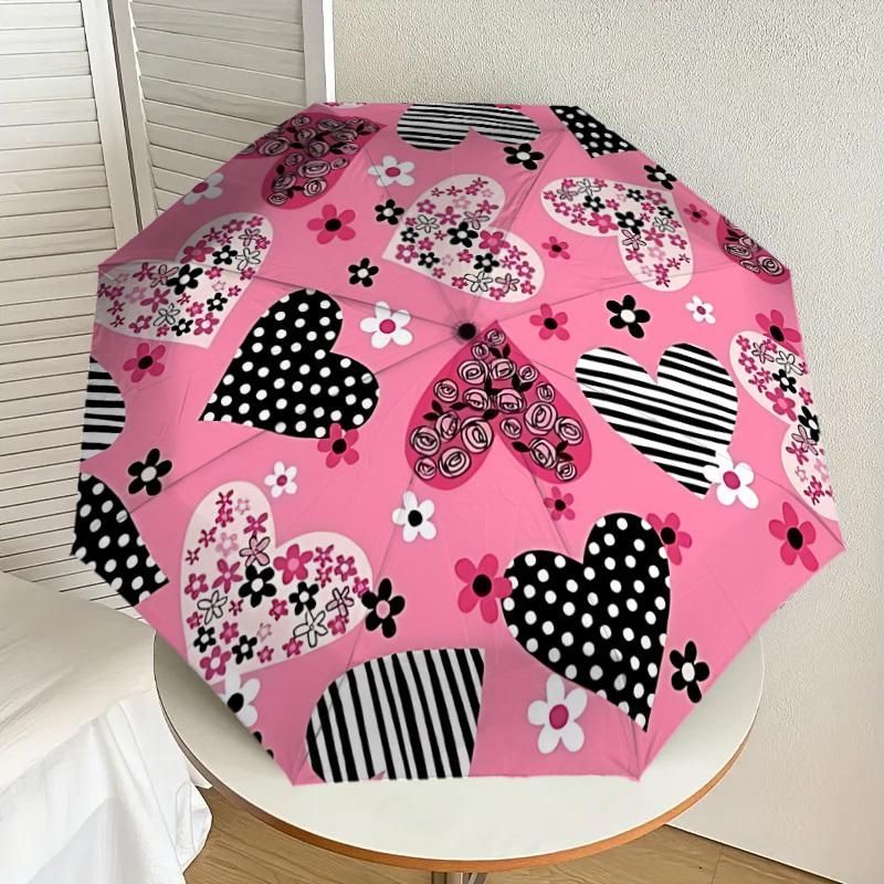 1pc Heart Print Automatic Folding Umbrella, 8 Ribs Iron Frame, Suitable for Outdoor Travel and Daily Use yy251120229