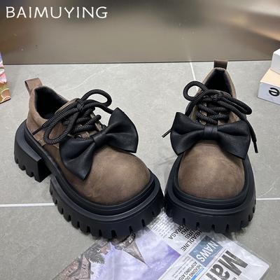 Женские кожаные туфли на толстой платформе, модные туфли на среднем каблуке с бантом, осенние новые трендовые женские кроссовки для бега и ходьбы, Zapatos