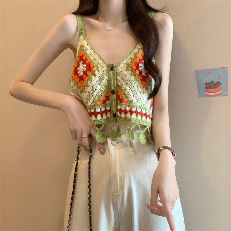 Короткий топ-топ в этническом стиле с полыми крючками и цветочным принтом, летний облегающий топ