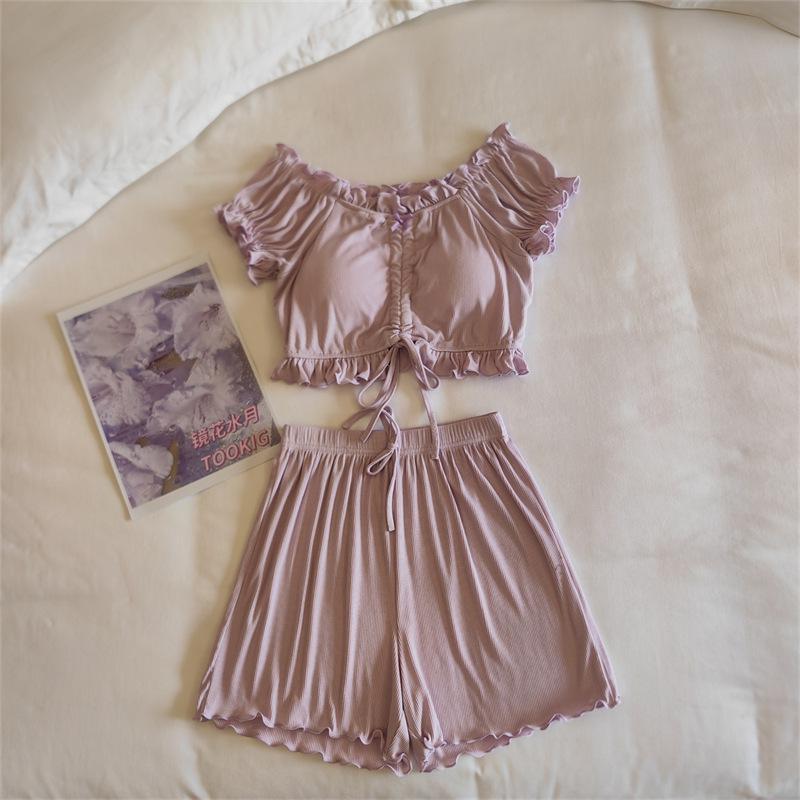 Женский летний комплект пижамы из модала с пышными рукавами и встроенными чашечками - Сексуальная домашняя одежда Pure Desire