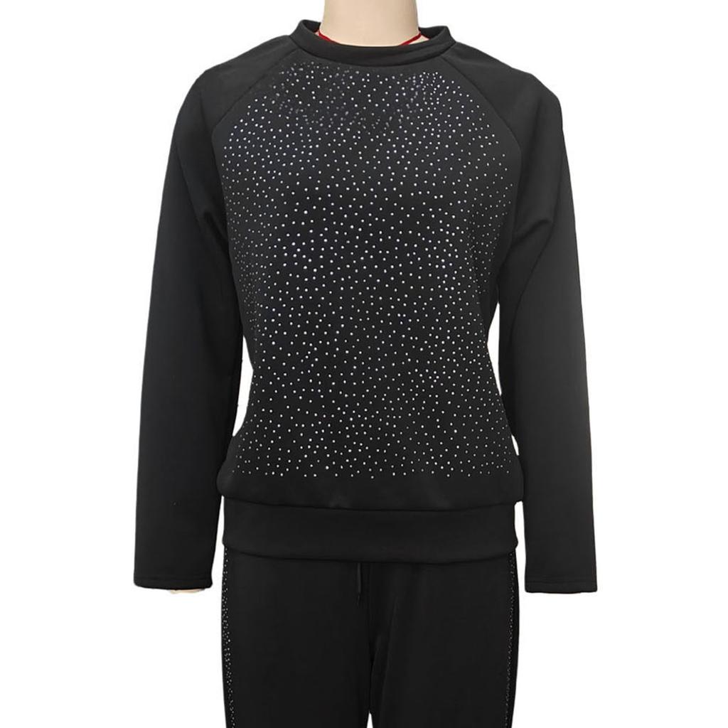 2 шт./комплект женский топ брюки костюм со стразами декор О-образный вырез длинные рукава пэчворк спортивный свитшот эластичный пояс брюки фитнес-наряд осень весна