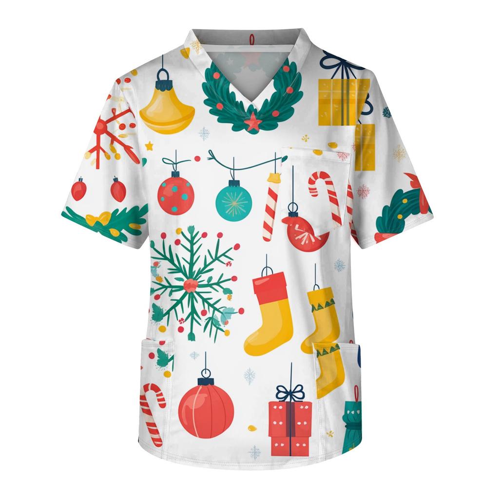 Мужской топ с коротким рукавом, V-образным вырезом, рождественским принтом и нагрудным карманом