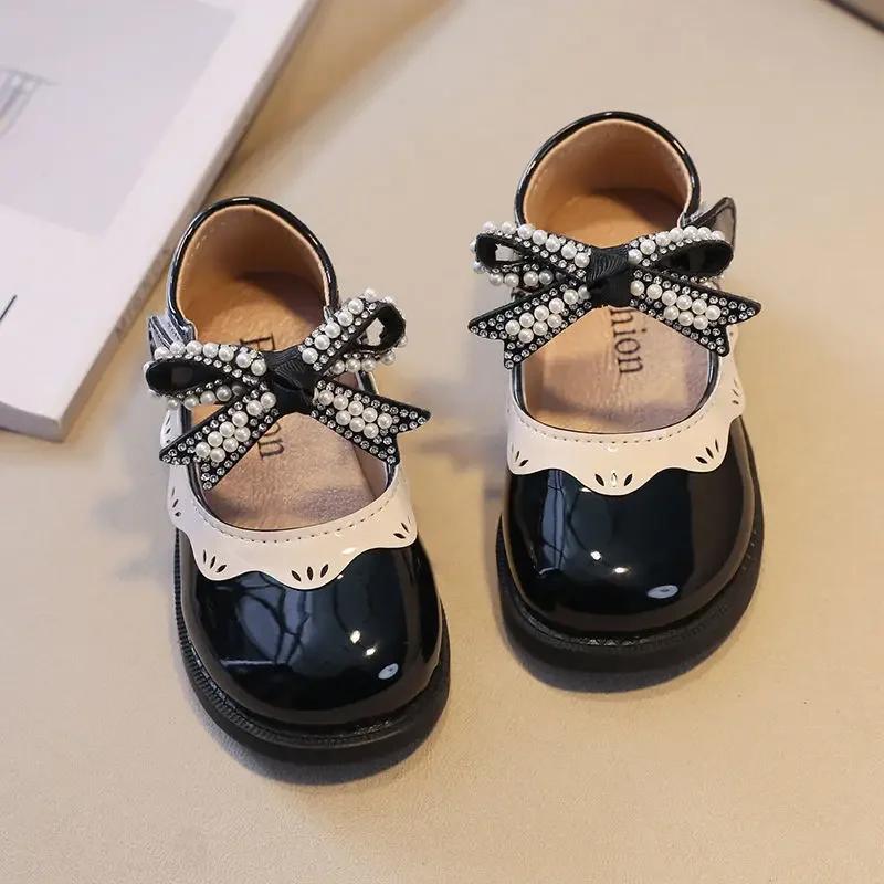 Spring Summer Girl's Shoes Beading Bow-tie Baby Girl Shoes Crystal Princess Dress Shoes Bordered Children Footwear F02262
