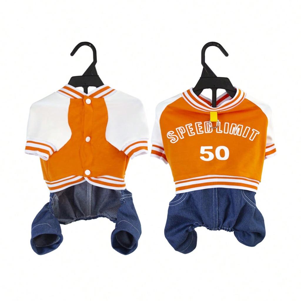 Pet 4-Leg Jumpsuit In Navy and Print Color Block Design, Letter Print, for Cats & Dogs, Suitable for Spring/Autumn