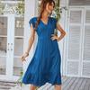 V-neck Sexy Flying Sleeve Solid Color Dress Spring and Summer Casual Vacation A-line Skirt