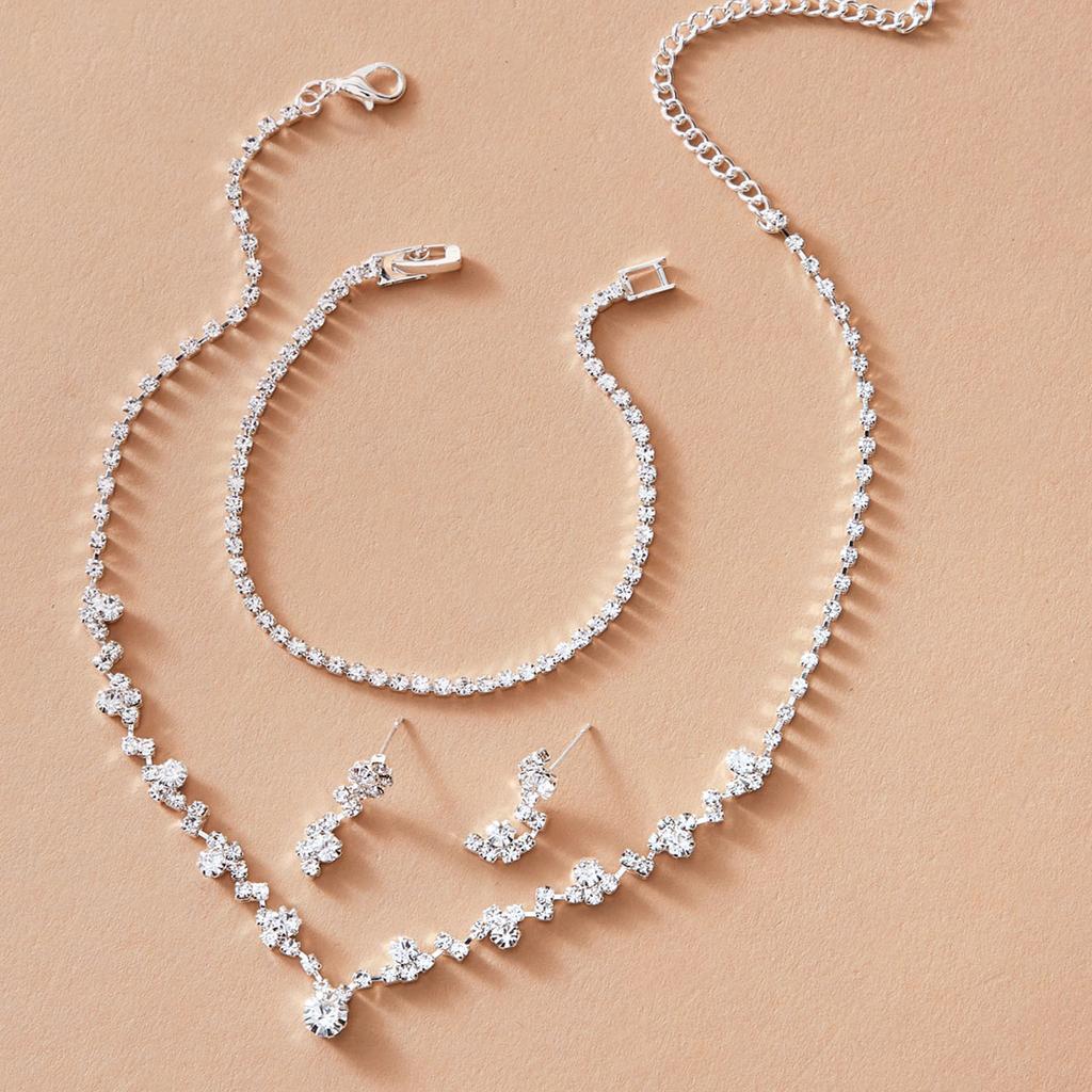 European and American simple full diamond metal necklace earrings bracelet hot-selling hexagram bride bridesmaid jewelry set women