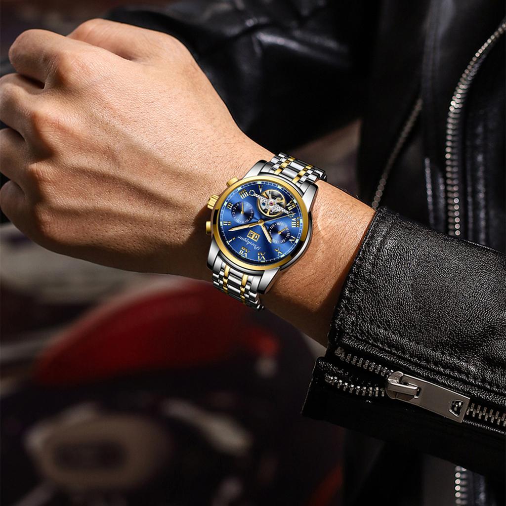 POEDAGAR Новые роскошные мужские часы ТОП-бренда с коробкой, автоматические водонепроницаемые полые многофункциональные светящиеся мужские механические часы