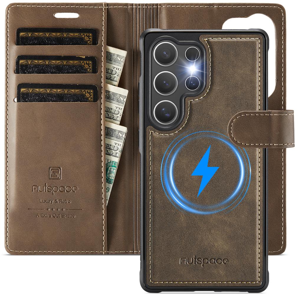 2-in-1 Magnetic Detachable Wallet Case for Samsung Galaxy S25/S25 Plus/S25 Ultra/S25 Edge - PU Leather, Card Slots, Wireless Charging, 360° Protection