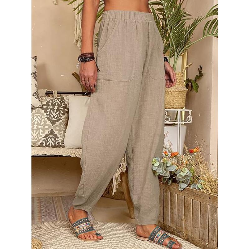 Women's Harem Pants Summer Casual Retro Large Size Cotton and Linen Pants Elastic Waist Wide Leg Pants Home Pants