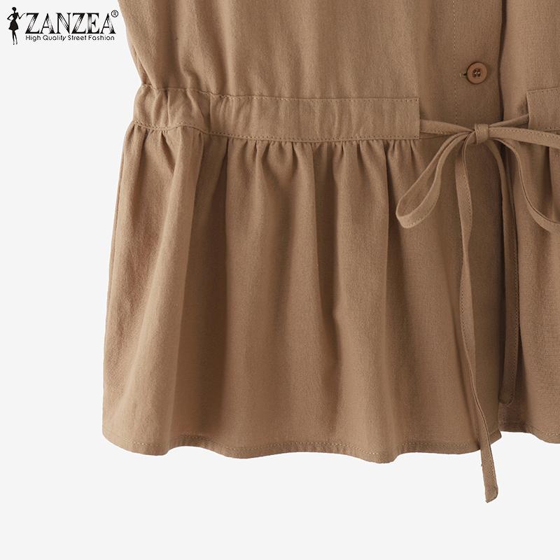ZANZEA Женские летние рубашки с круглым вырезом без рукавов на завязках