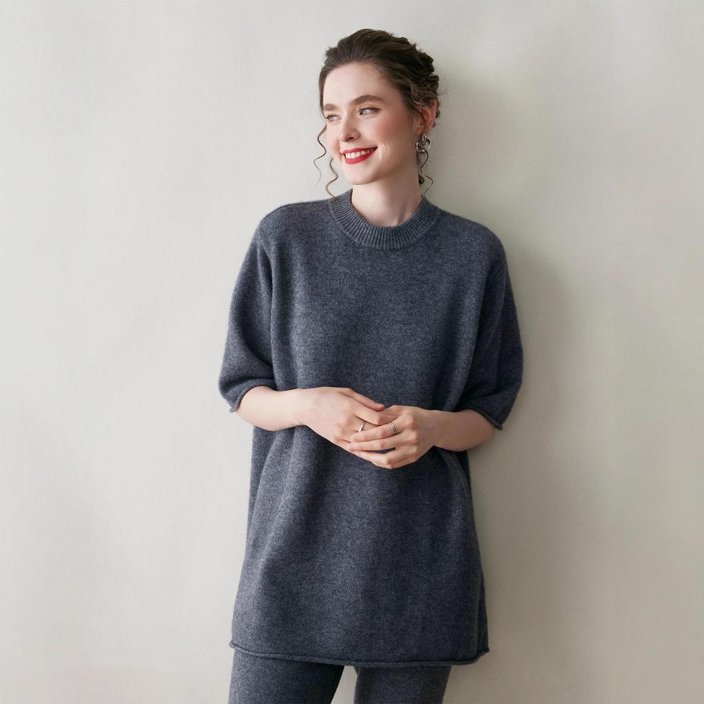 Loose-Fit Cashmere Sweater: Mid-Length, Short-Sleeve, Round Neck, Slim Fit, Autumn/Winter Knitwear