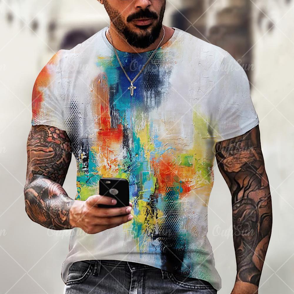 Retro Men's Personalized Color Striped Printed T-shirt Casual Fashion Trend Harajuku Round Neck Top Creative Hip-hop Cool Short Sleeved Streetwear