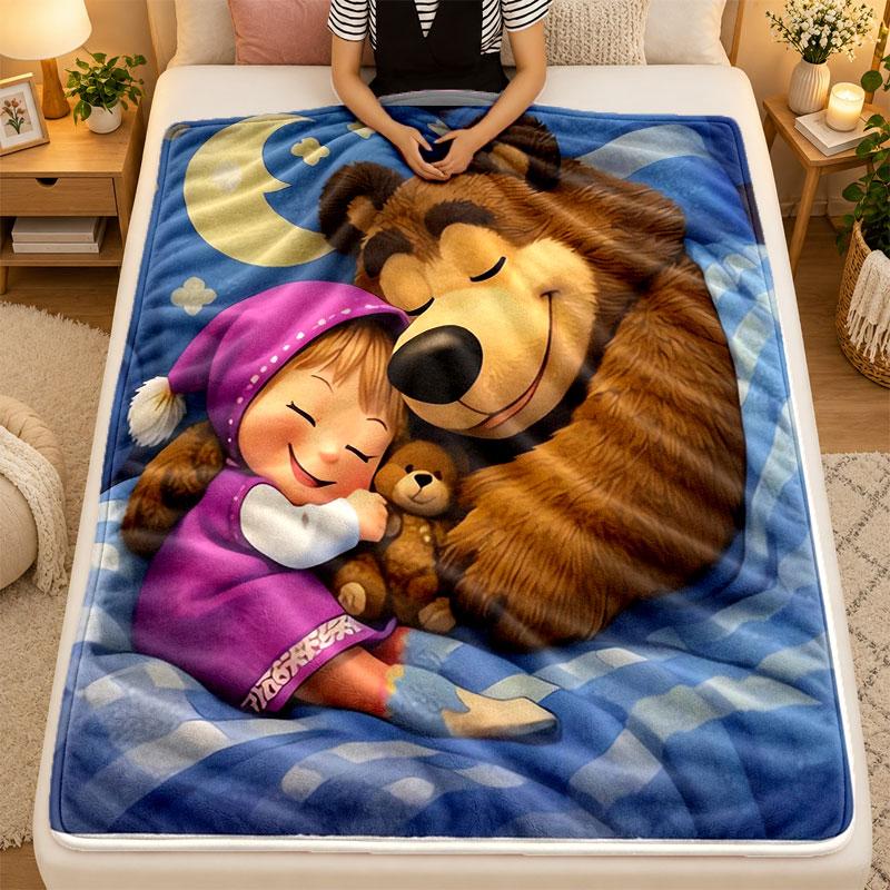 Flannel BlanketMasha and the Bear Warm Soft Throw Blanket for Indoor Sofa Bed Living Room Use