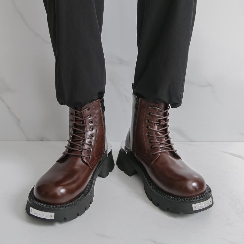 Men’s Retro Punk Thick Sole Platform Boots Cool Elevator Boots Black Brown Motorcycle Boots High Boots Plus Size