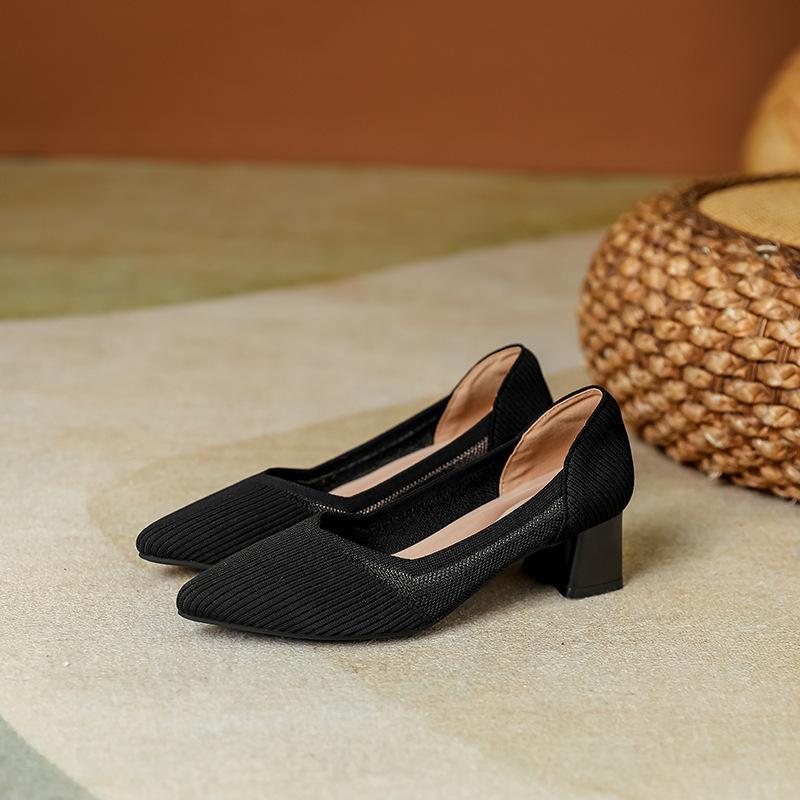 Middle Heel New Pointed Head Shallow Mouth Single Shoes Thick Heel Knitted Flying Shoes High Heel Women's Shoes
