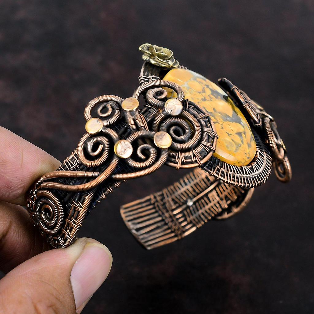 Браслет-манжета из яшмы Малигано, медная проволока, ювелирные изделия из драгоценных камней, регулируемый браслет, браслет с цветами ручной работы, подарок для нее, браслет из медной проволоки