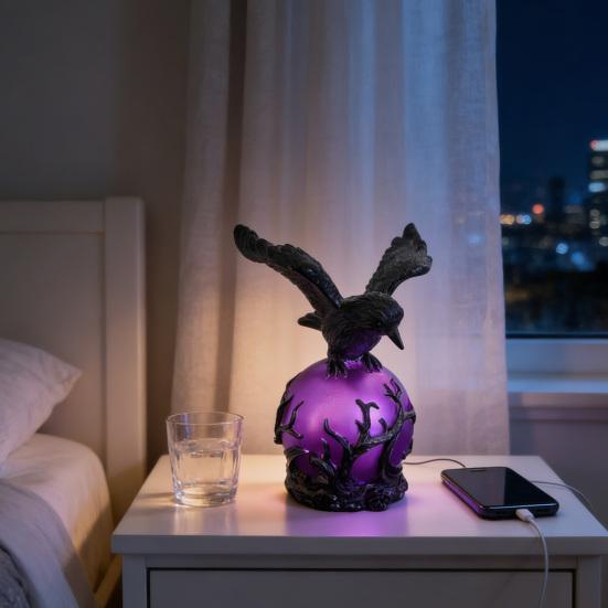 Gothic LED Table Lamp Raven's Moonlight/Pterosaur Desk Lamp Mysterious Crow/Dinosaur on Glowing Orb Sculpture for Halloween Fantasy Indoor Home Decor
